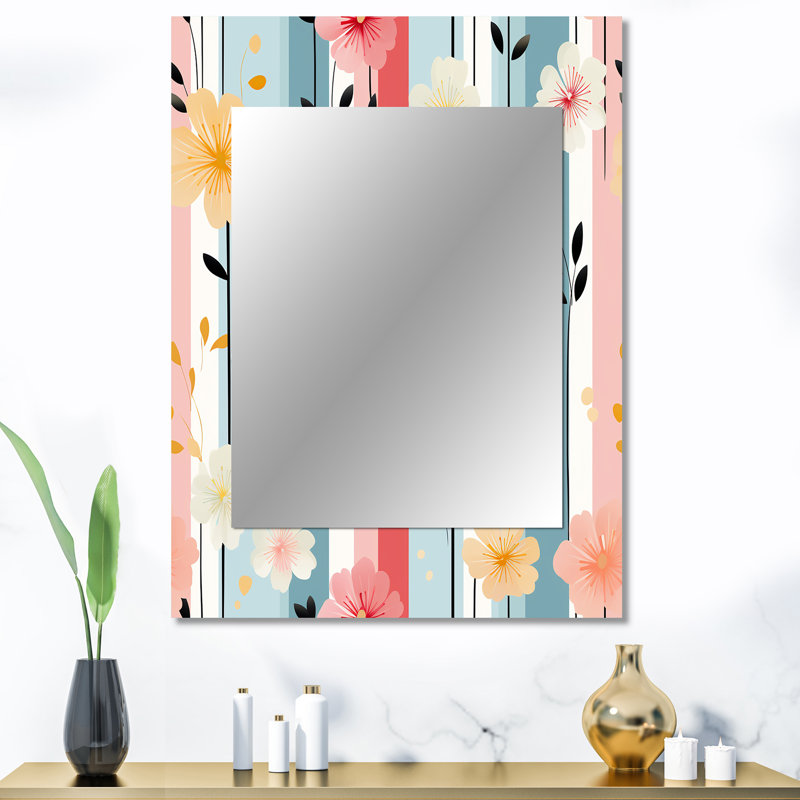 Amun rétro à motif de rayures pastel et de fleurs - miroir mural rayé, miroir décoratif moderne, impression d'art en métal