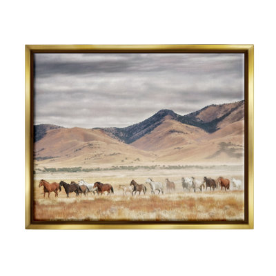 Wild Horses Roaming Across Western Landscape Metallic Gold Framed Floating Canvas Wall Art by PH Burchett