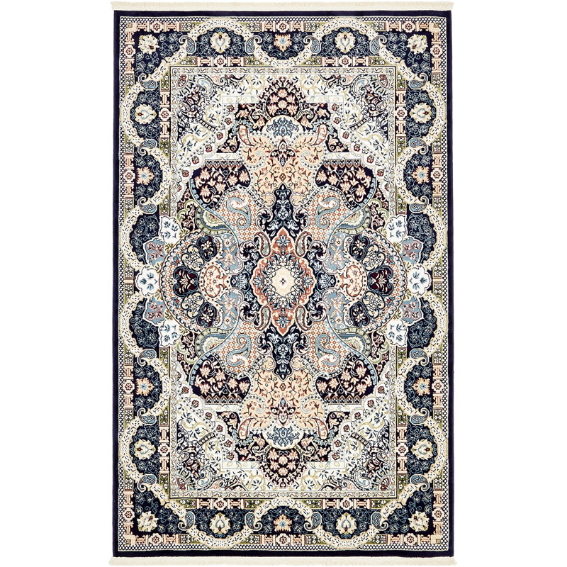 Tapis bleu marine / ivoire Eleanor, Rectangle 7 pi 10 po x 10 pi, Black