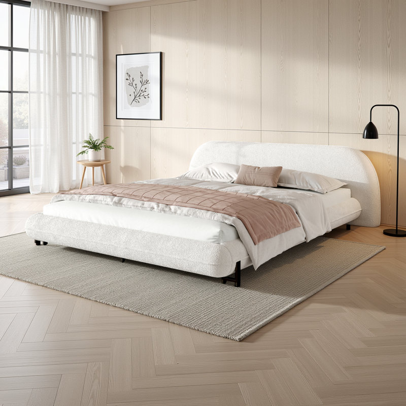 Bed Frame With Boucle Fabric, Upholstered Platform Bed With Curve-Shaped Design & Thick Headboard, Queen