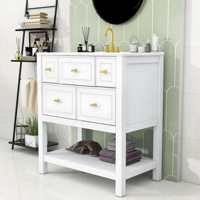 Scoville Wood Single Bathroom Vanity with Ceramic Sink and Concealed Storage