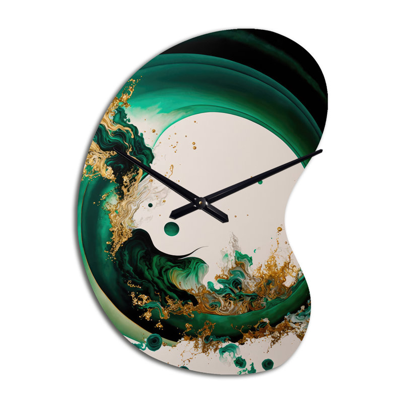 Émeraude verte et or abstrait vagues II - spirales abstraites horloge murale en métal asymétrique, forme unique horloge