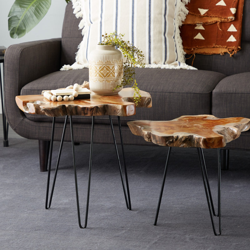 Binoche 2 Piece Brown Teak Wood Live Edge Top Accent Table with Black Metal Hairpin Legs Set