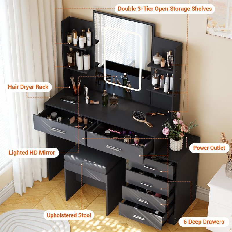 Coiffeuse de maquillage avec miroir, 6 tiroirs et tablettes, ports de charge, support et tabouret pour sèche-cheveux, 3 lumières réglables pour la chambre à coucher, noir