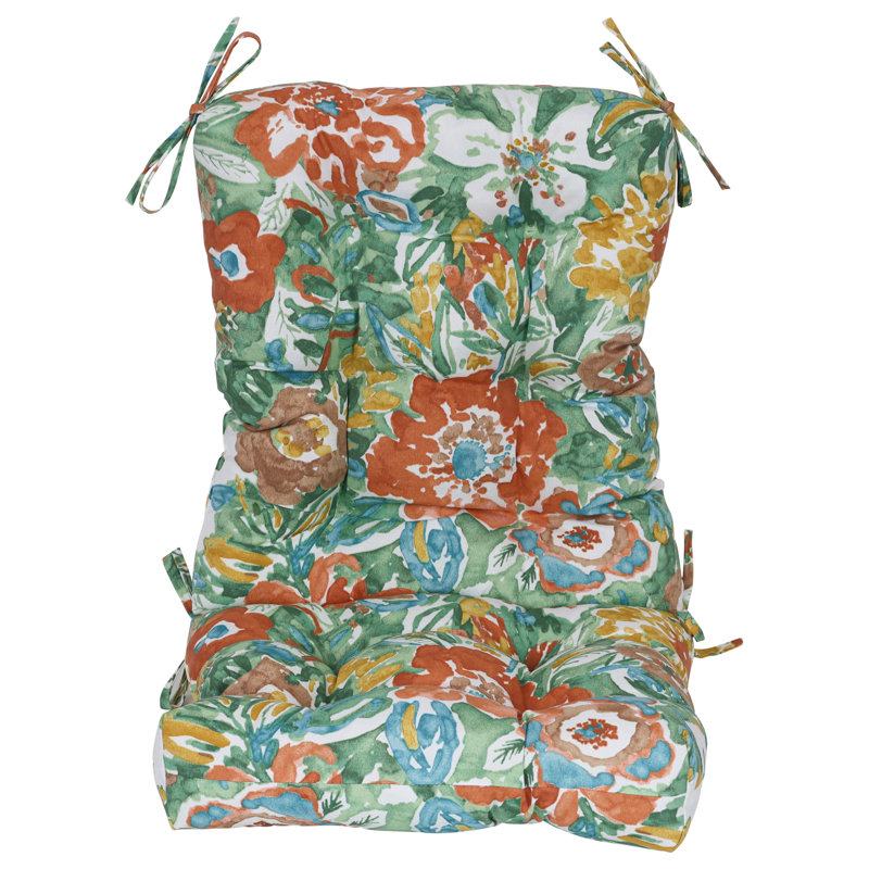 Outdoor Tufted Seat/Back Chair Cushion, 18" W x 18" D, White/Sun River Mist Floral