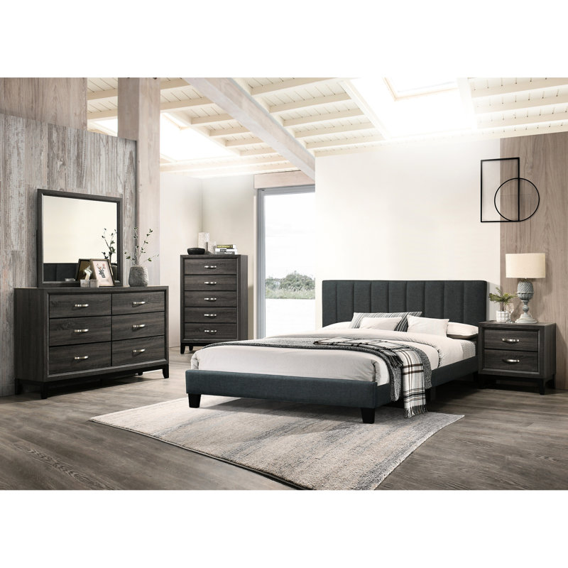 Très grand lit oriental gris anthracite avec structure en panneau de particules et tête de lit tapissier