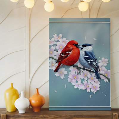 "Toile", une représentation artistique et vibrante de deux oiseaux perchés de près sur une branche délicate ornée d'une douce cerise rose