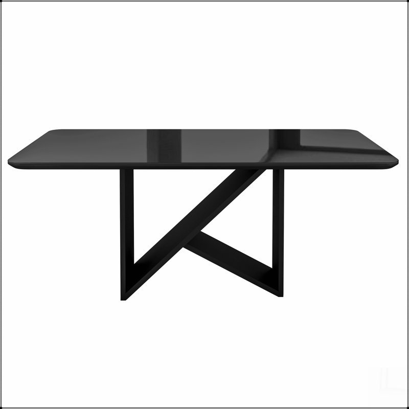Table de salle à manger 6 places de style italien avec plateau en verre peint et base en bois élégante, Noir, Noir