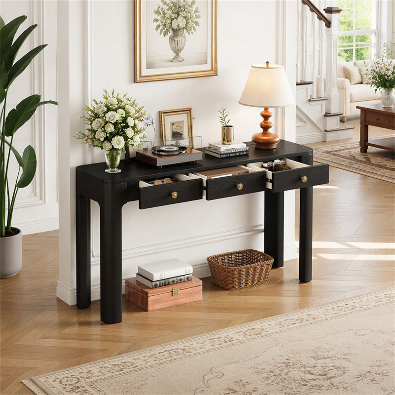 Console rustique avec coins arrondis pour la sécurité, table d'entrée avec 3 tiroirs dissimulés, table de canapé robuste avec des pieds épais pour le couloir et le salon