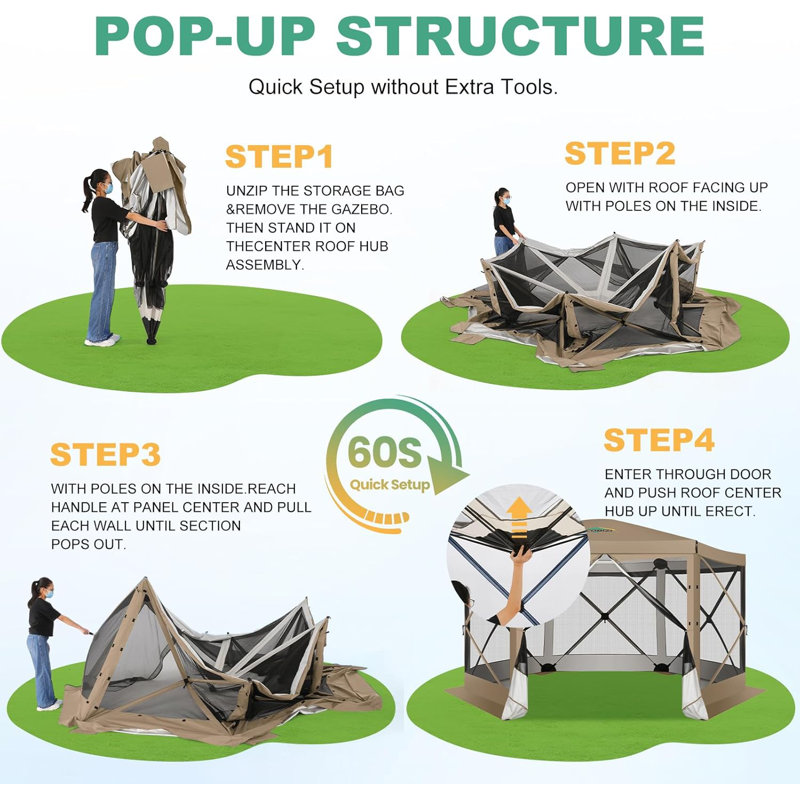 12x12 Pop up Gazebo Screen House Tent, Outdoor Canopy with Removable Roof&Sidewalls, Khaki