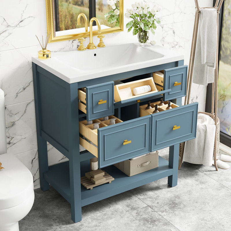 Ensemble de meuble-lavabo simple 29,56 po avec plateau en résine Tavious, Bleu