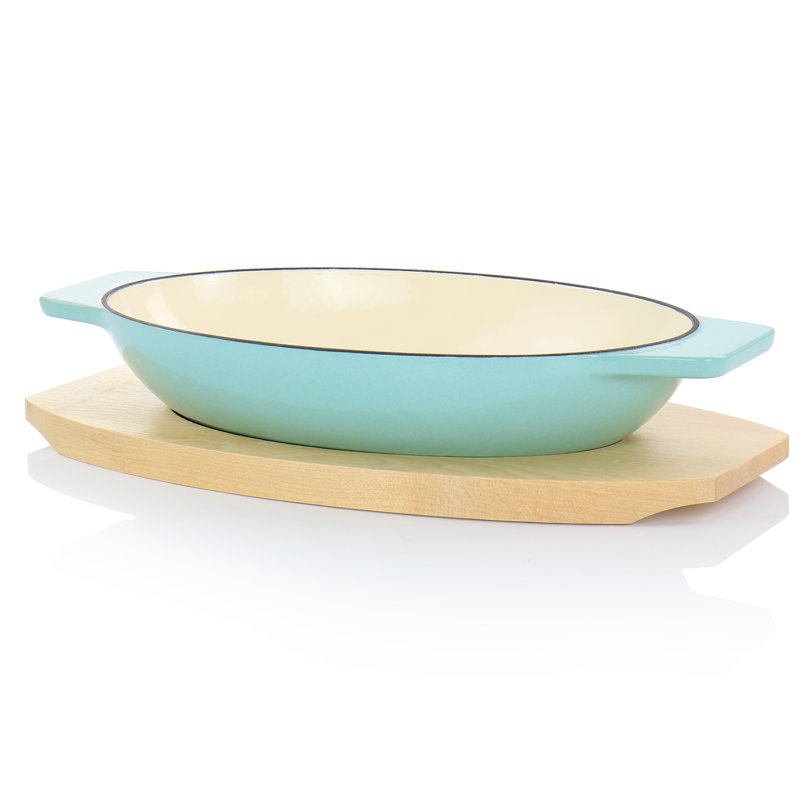 Oval Blue Cast Iron Casserole with Birch Wood Trivet