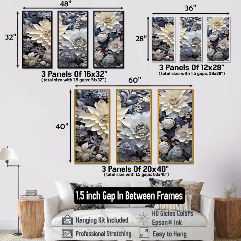 Fleurs beiges en pleine floraison - ensemble de reproductions d'art mural, Cadre flottant blanc, H 32 po x l 48 po x P 1 po