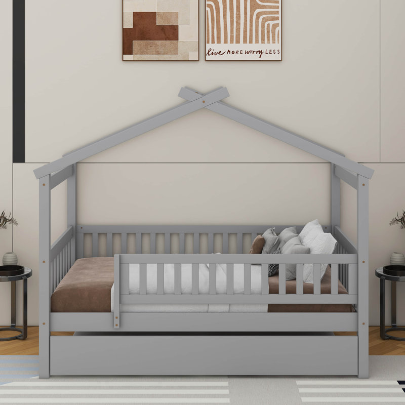 Lit simple en bois avec lit gigogne, Gris, Lit simple