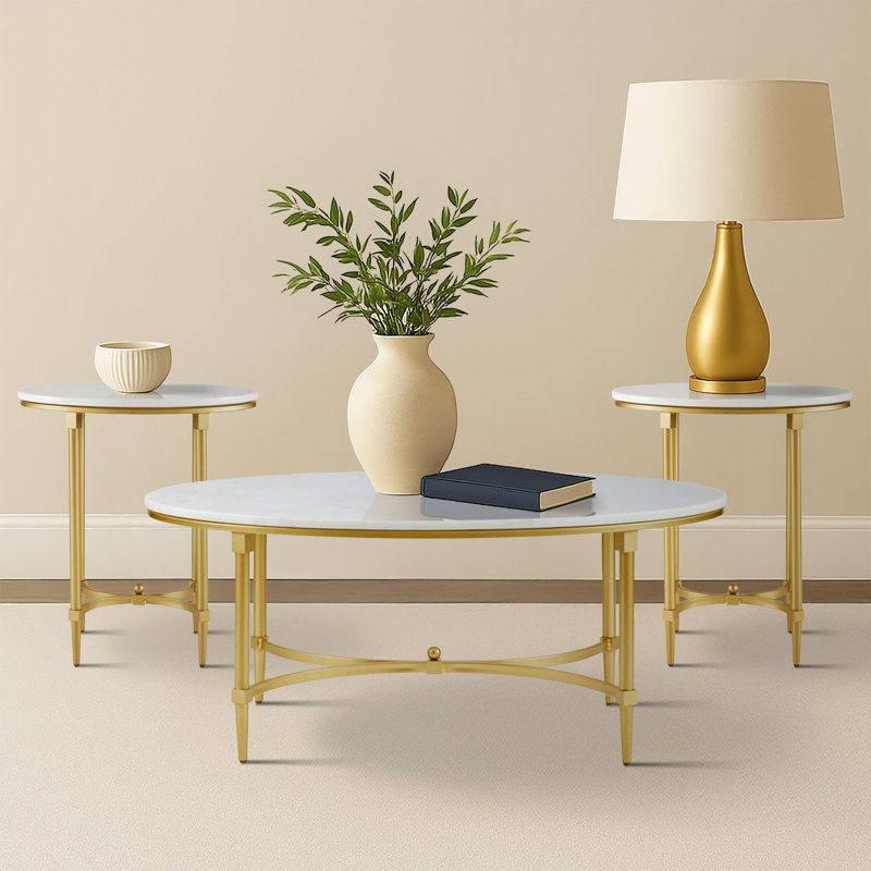 3-Piece Marble Living Room Table Set with with Console, Coffee & End Table