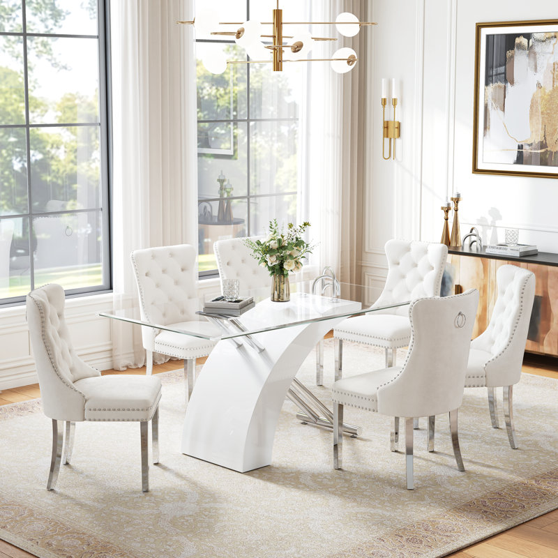Modern Glass Dining Table Set, 63" Rectangular Tempered Glass Table, X-Shaped Base, 6 Velvet Upholstered Chairs With Nailhead Trim(Set Of 7)