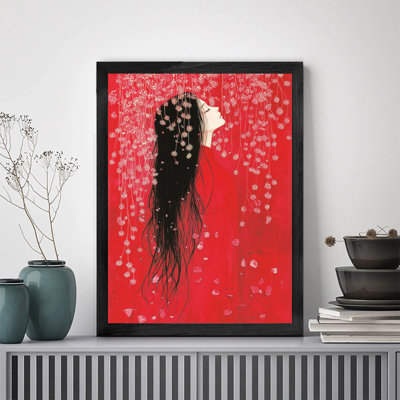 Premium Solid Wood Black Framed Prints Woman Long Hair and Flowers with Sleek Black Wood Frame, Modern Home Decor Wall Decoration for Office Kitchen