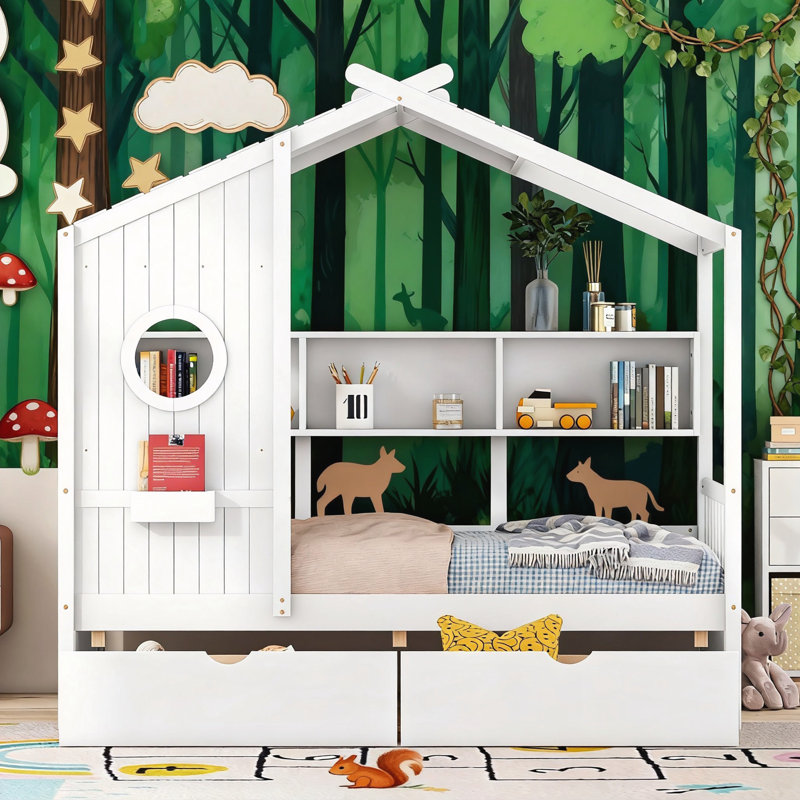 Lit simple en bois avec 2 tiroirs, Lit simple, Blanc