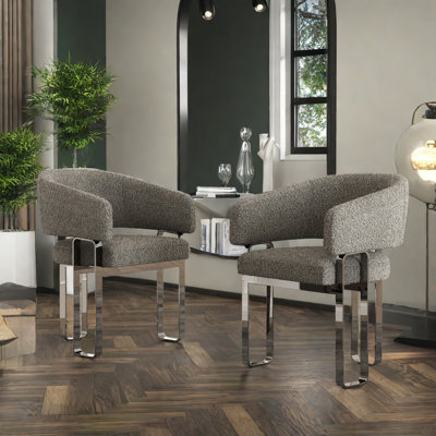 Boucle Dining Chair, Grey Barrel Dining Chair With Arms, Luxury Side Chair With Mirror Silver U-Shaped Legs, For Dining Table, Kitchen And Dining Room