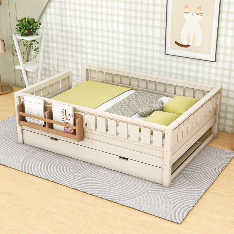 Lit plateforme en bois avec lit gigogne et petit escalier, Full, Beige
