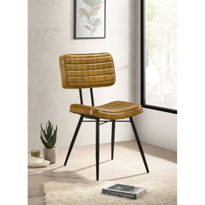 De 2 chaises d'appoint rembourrées en cuir, mélange de couleur chameau et noir, style industriel avec pieds en métal évasés, siège arrière rembourré, capitonnage vertical à deux caractéristiques, configuration des pieds à la main