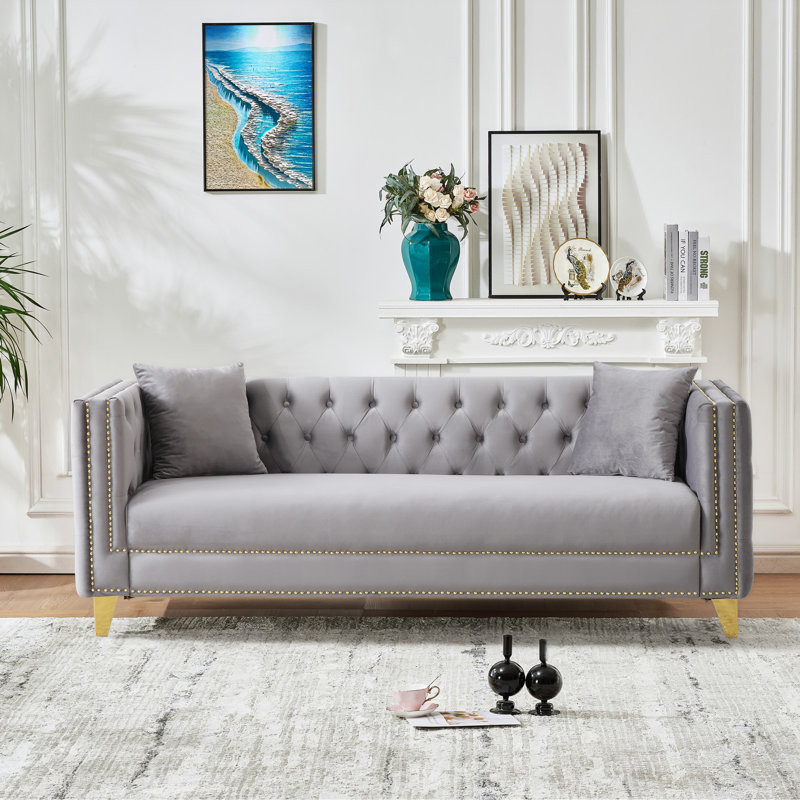 80.5" Tufted Velvet Sofa with Nailhead, Gray, 29" H x 80.7" W x 29" D
