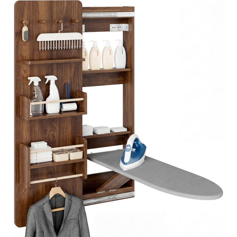 Wall Mounted Ironing Board Cabinet with Storage, Foldable Wall Ironing Board with Sliding Door, Wall Mount Space Saving Ironing Station for Laundry Room, Living Room, Entrance