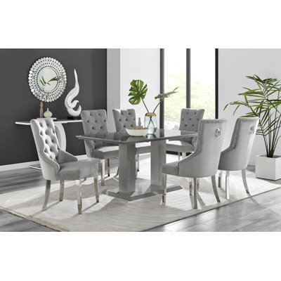 Edzard Double Pedestal High Gloss Dining Table Set with 6 Luxury Velvet Dining Chairs