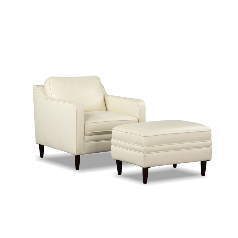 Fauteuil et repose-pieds Leyla en cuir véritable, accoudoirs carrés, avec repose-pieds assorti., Cream
