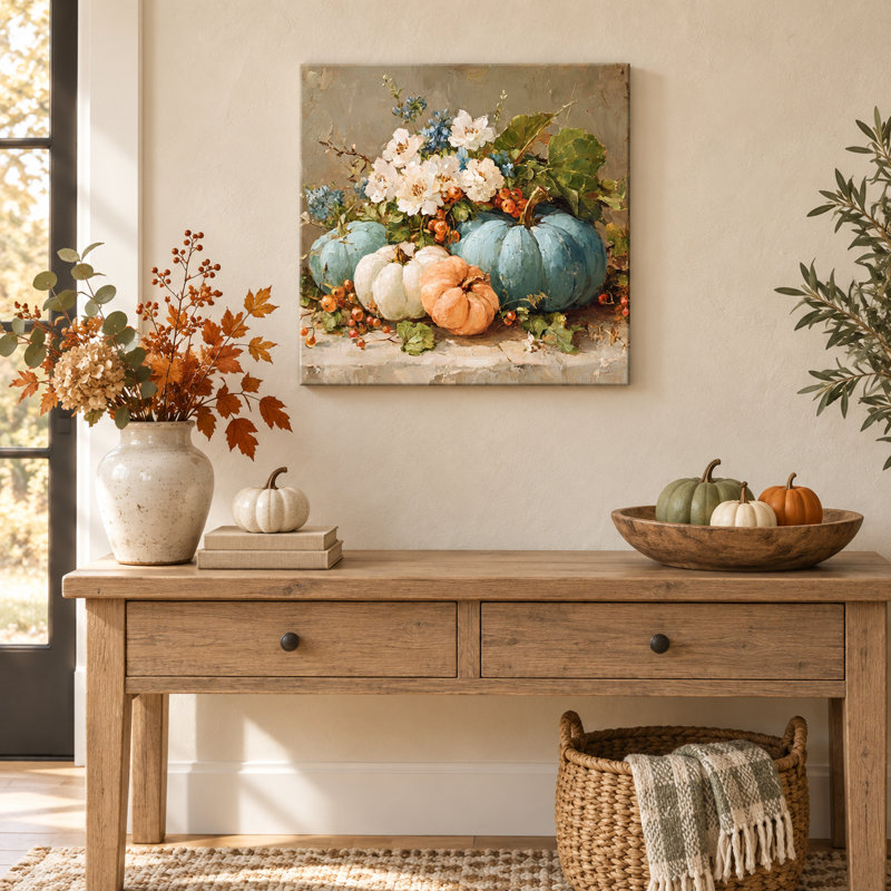 «Pastel Pumpkins and Blossoms», art mural sur toile tendue, H 20 po x l 20 po