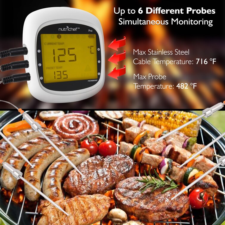 NutriChef Smart Bluetooth BBQ Thermometer - Upgraded Stainless Probe Safe  to Leave in Grill Outdoor 