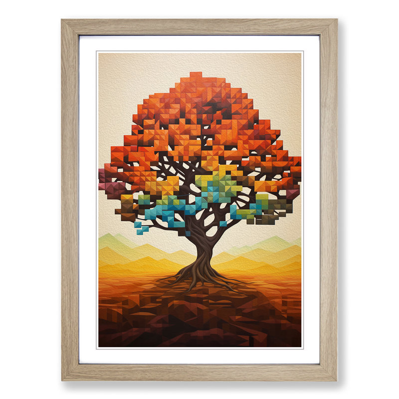 Oak Tree Geometric - Single Picture Frame Print on Wood, 46cm H x 34cm W x 2cm D, Oak