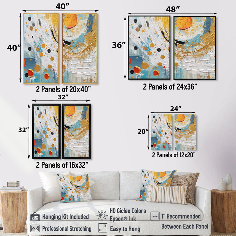 «Teal White Abstract Combat - Abstract Shapes», ensemble de 2 reproductions d'art sur toile abstraites bleues, Doré