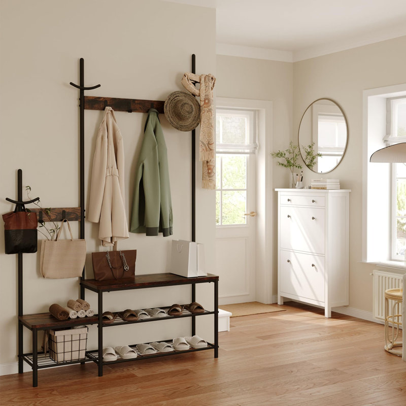 Industrial 3 - in - 1 Rustic Brown Hall Tree Rack & Shoe Bench