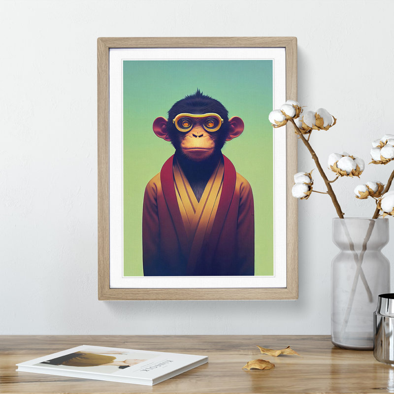 Futuristic Monkey - Single Picture Frame Print, 64cm H x 46cm W x 2cm D, Oak