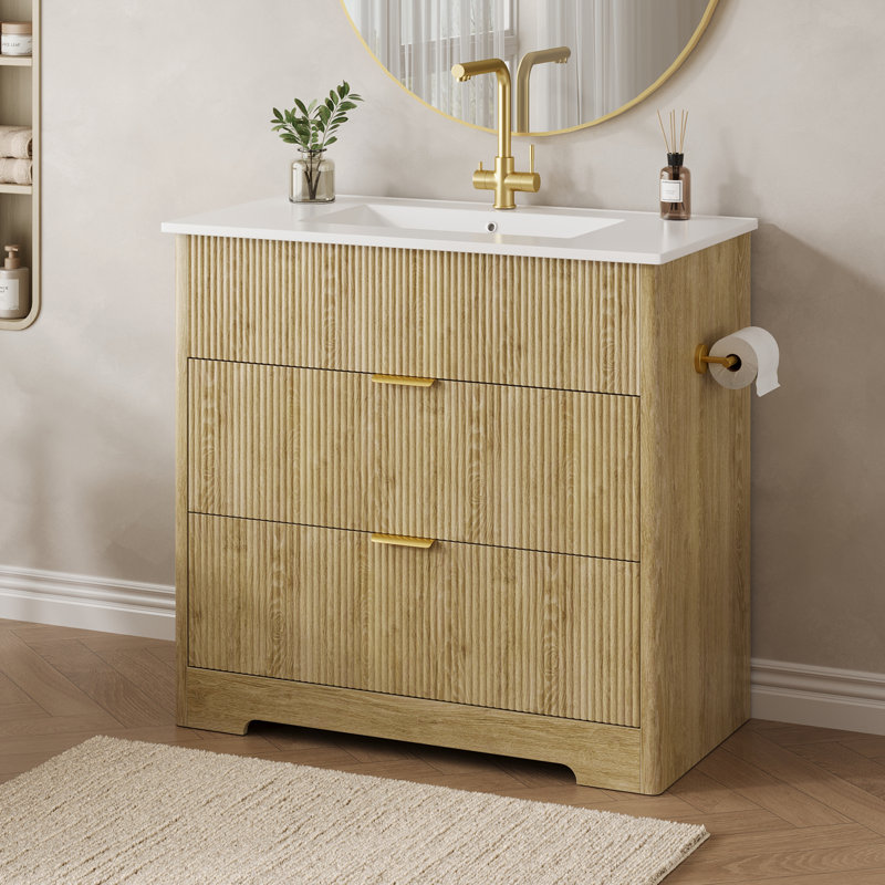 Meuble-lavabo cannelé 35 po avec évier et drain, 35 tiroirs, chêne naturel