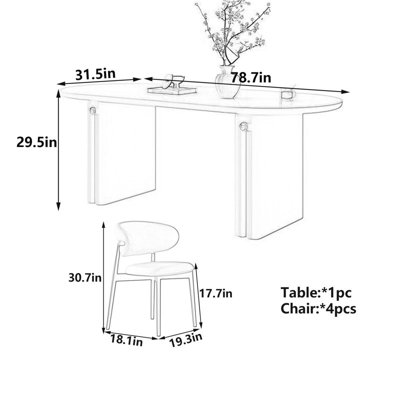 Table ovale française en pierre frittée, H 29,5 po x l 78,7 po x P 31,5 po, 5 Pieces: Table, 4 Chairs
