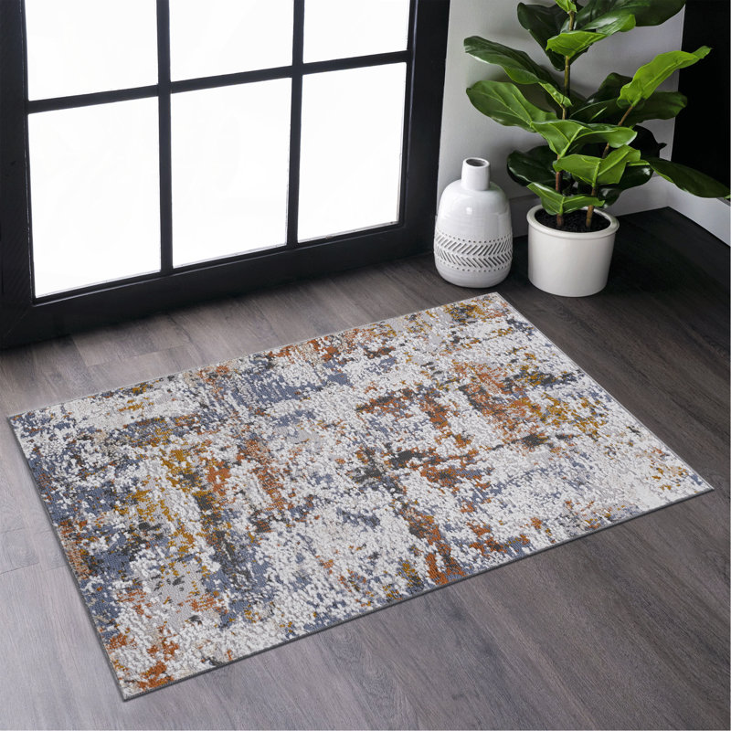  Tapis paillasson ivoire / bleu / abstrait, Rectangulaire 2 pi x 3 pi