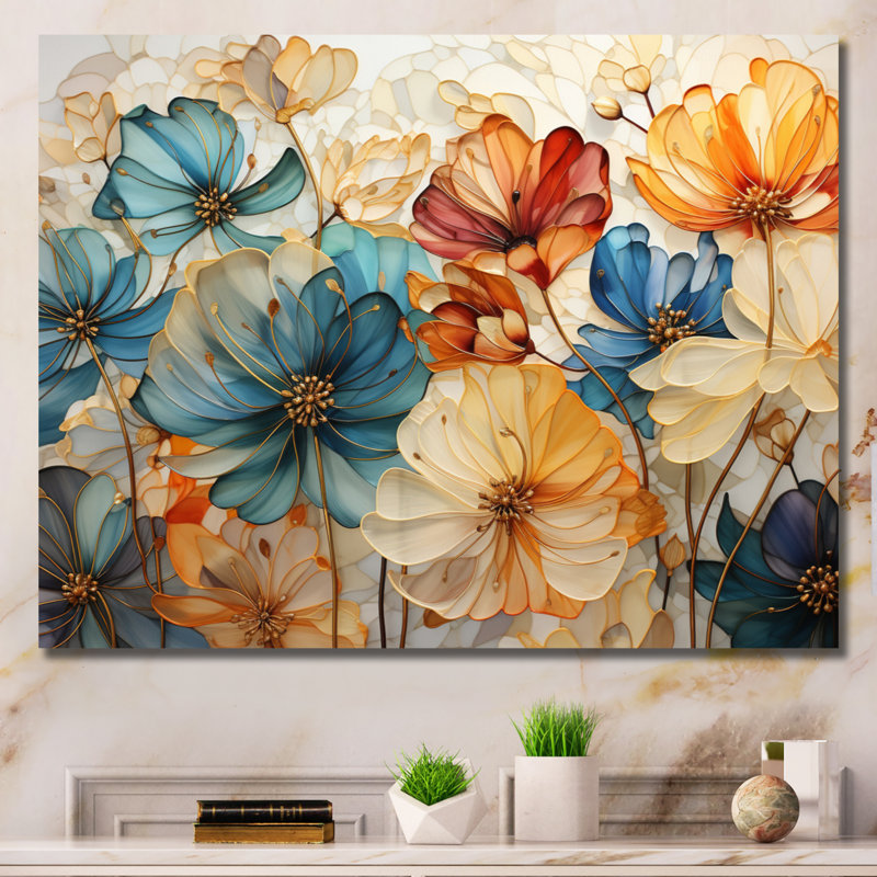 «Teal Orange Petal Mosaics II - Abstract Botanicals», art mural sur toile, H 34 po x l 44 po, Toile tendue, Sans cadre