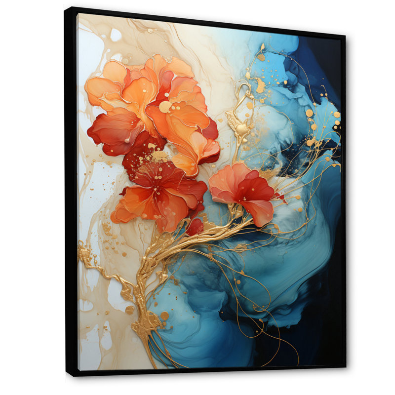 Breelan orange sarcelle abstrait fractal - fractales grand art mural, H 20 po x l 12 po, Reproduction avec cadre flottant