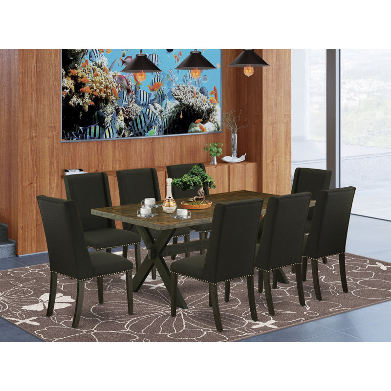 Ensemble de table de salle à manger 9 pièces moderne comprenant une table de salle à manger rectangulaire avec pieds en X et 8 chaises Parsons en tissu bleu, finition noire brossée