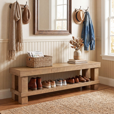 Banc de rangement pour chaussures 63 pouces avec tablette à lattes Farmhouse