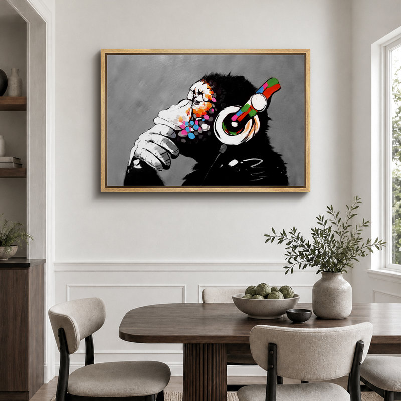 Pop Urban Street "Banksy Thinge Monkey With Head écouters, H 24 po x l 36 po, Reproduction avec cadre flottant, Naturel