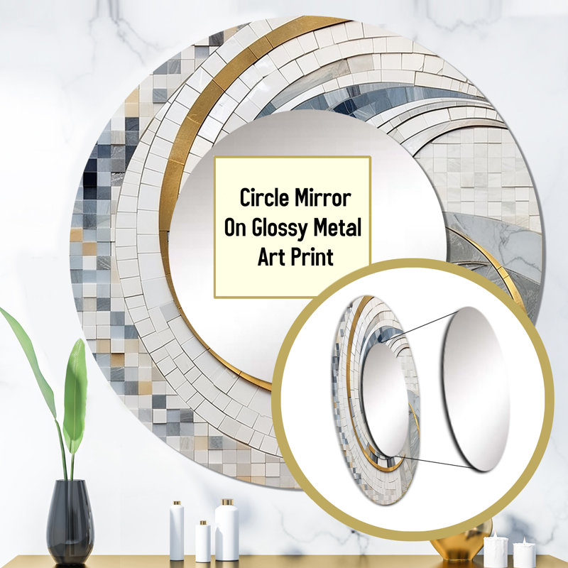 Gris et jaune mosaïque II - miroir de formes abstraites, miroir mural rond gris, impression sur métal, 29 po x 29 po