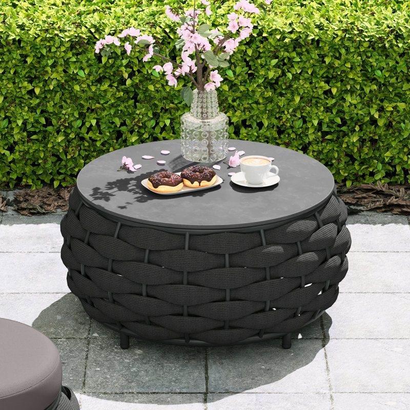 Fully Assembled Round Outdoor Coffee Table with Marble Pattern Tile Top & PVC-coated polyester Rope, Aluminum Frame for Patio, Porch, Garden Dark Gray