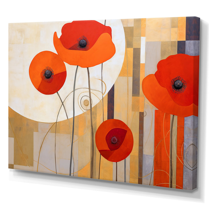 " Bold Orange Cubic Flowers ", Wrapped Canvas, 16" H x 32" W x 1" D