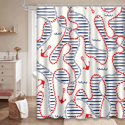 Drawn Rope Stripes Seamless Red Blue Shower Curtain with 12 Hooks