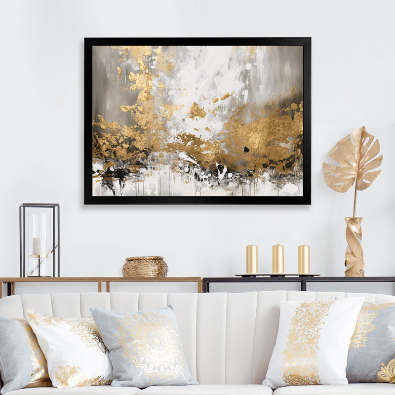 Or et blanc abstrait - art mural abstrait, Cadre simple noir, H 34 po x l 44 po x P 1,5 po