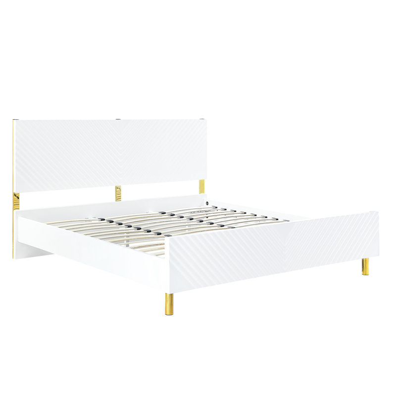 Lit Ek blanc ultrabrillant - pas de sommier tapissier, entièrement en kd, conception ondulée, 39 lattes incluses, 4 pieds en métal, supporte jusqu'à 660 lb de ressorts, motif, lattes, capacité de support