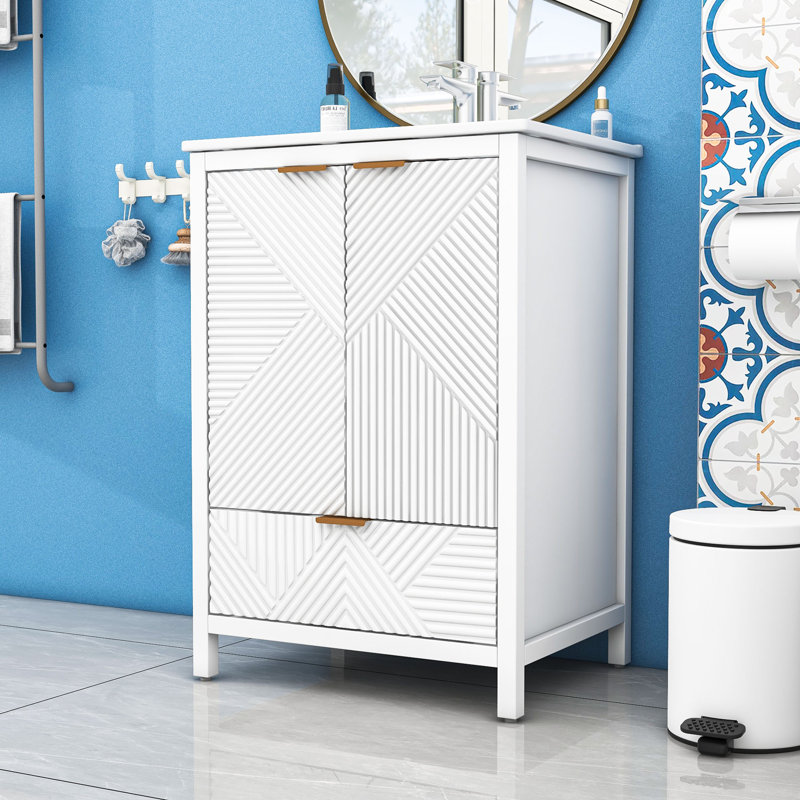 Meuble-lavabo autoportant élégant avec lavabo en céramique, charnières à fermeture en douceur et portes texturées, White